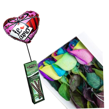 Caja de 03 Rosas Arco�ris M�s Globito y Palitos de Chocolate