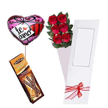 Caja de 06 Rosas m�s Globito y Palitos de Chocolate